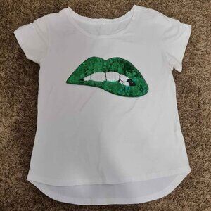 White T-shirt with Green Sequin Lips.